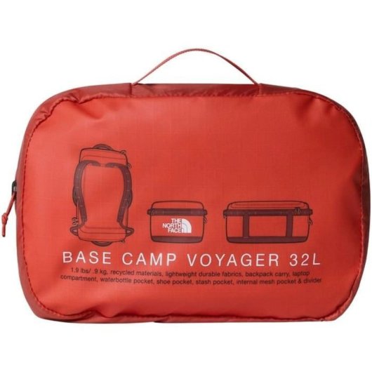 The North Face Base Camp Voyager Duffel 32l Mars Dust/sumac – Bolsa Convertible Con Apertura Tipo Concha, Funda Para Portátil Y Asas Acolchadas