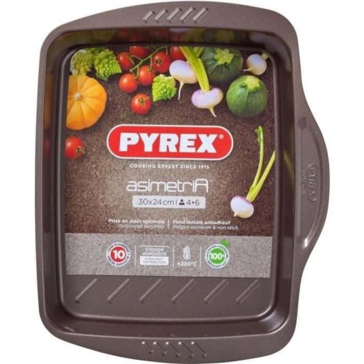 Pyrex Asimetria Bandeja Para Horno Rectangular De Acero Al Carbono 30 X 24 X 5 Cm, Antiadherente Whitford Eclipse 3 Capas, 3 Asas Antideslizantes, Apta Inducción Y Lavavajillas, Marrón