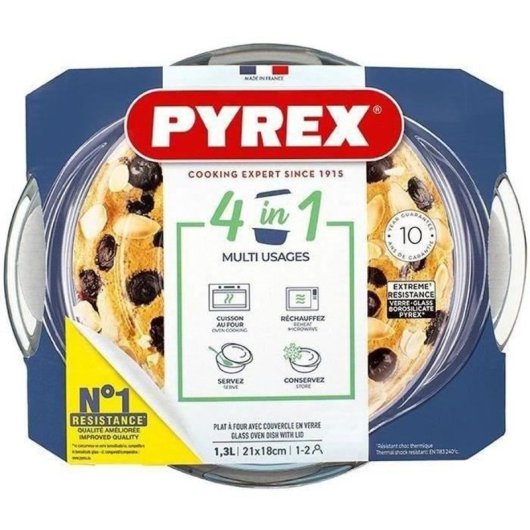 Pyrex Cacerola Redonda De Vidrio Borosilicato 1,3 L Con Tapa, Asas Ergonómicas Fijas, Apta Horno Microondas Congelador Lavavajillas, -40°c A +350°c, 21x18x8,5 Cm