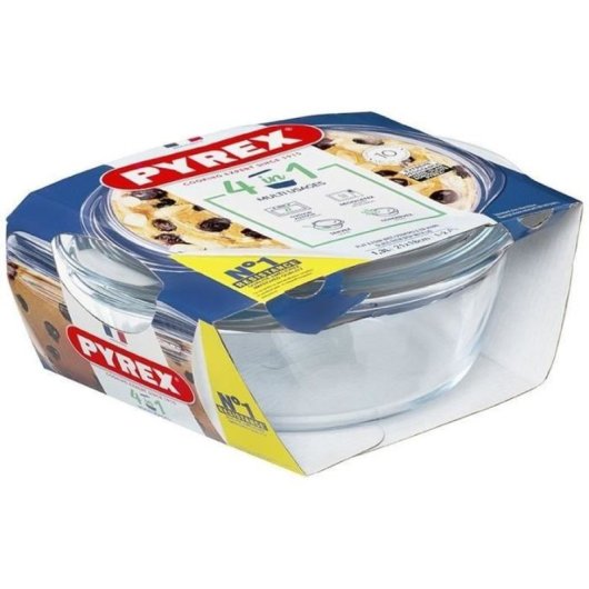 Pyrex Cacerola Redonda De Vidrio Borosilicato 1,3 L Con Tapa, Asas Ergonómicas Fijas, Apta Horno Microondas Congelador Lavavajillas, -40°c A +350°c, 21x18x8,5 Cm