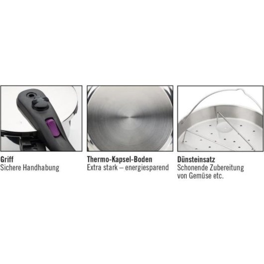 Olla A Presión Gsw Rapid 6 L, 22 Cm, Acero Inoxidable 18/10, Compatible Con Inducción, Base Thermoboden, Cierre Clipso, Incluye Cesta Vapor Y Soporte
