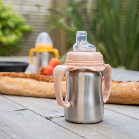 Taza De Aprendizaje Thermobaby De Acero Inoxidable 180 Ml Con Asas Desmontables Ergonómicas, Boquilla De Silicona Blanda, Tapa Protectora Y Tapa Roscada