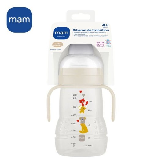 Mam Transition Trainer Bottle 220 Ml Verde, Tetina Skinsoft Y Pico Antivuelco Blando, Asas Ergonómicas, Apto 4+ Meses