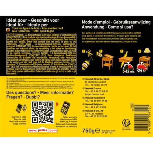Pattex Express Wood Glue Pva 750 G (biberón) Para Encolado Rápido De Madera D2 En 204, Transparente Al Secar, Resistencia Final Alta