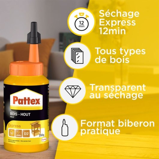 Pattex Express Wood Glue Pva 750 G (biberón) Para Encolado Rápido De Madera D2 En 204, Transparente Al Secar, Resistencia Final Alta