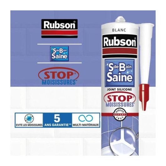 Rubson Silicona Sanitaria Antimoho Blanca 280 Ml, Cartucho Elástico Con Triple Acción Antifúngica Para Sellado Flexible De Juntas En Baño