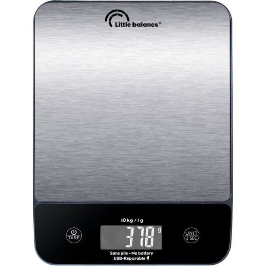 Little Balance Happy Genius Inox Balanza De Cocina Digital Recargable Usb-c 10 Kg, Precisión 1 G, Plataforma De Acero Inoxidable Y Pantalla Retroiluminada