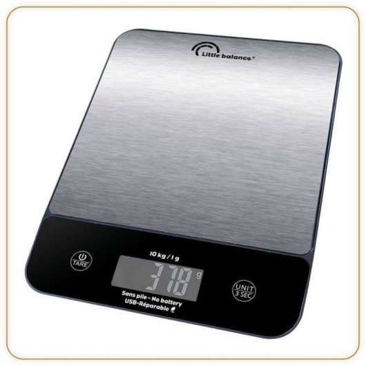 Little Balance Happy Genius Inox Balanza De Cocina Digital Recargable Usb-c 10 Kg, Precisión 1 G, Plataforma De Acero Inoxidable Y Pantalla Retroiluminada