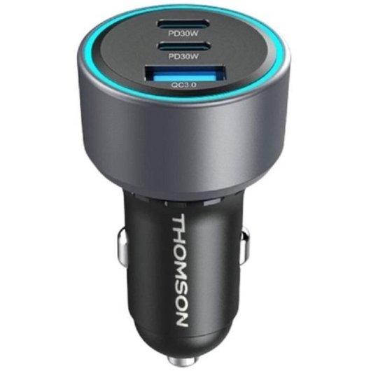 Thomson Cargador De Coche 60w Gan: 2x Usb-c Pd 30w + 1x Usb-a Qc 3.0, Compatible 12v/24v, Negro, Carga Simultánea