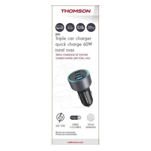 Thomson Cargador De Coche 60w Gan: 2x Usb-c Pd 30w + 1x Usb-a Qc 3.0, Compatible 12v/24v, Negro, Carga Simultánea