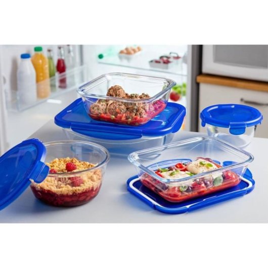 Pyrex Cook & Go Set De 7 Recipientes De Vidrio Borosilicato Con Tapas Herméticas Azules A Prueba De Fugas, Apto Horno Sin Tapa, Microondas Sin Tapa, Congelador Y Lavavajillas