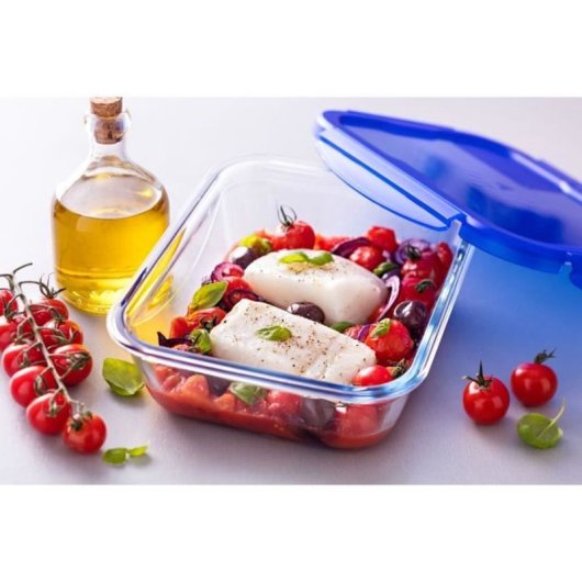 Pyrex Cook & Go Set De 7 Recipientes De Vidrio Borosilicato Con Tapas Herméticas Azules A Prueba De Fugas, Apto Horno Sin Tapa, Microondas Sin Tapa, Congelador Y Lavavajillas