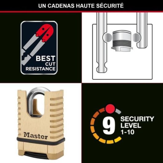 Candado De Combinación Programable Master Lock Excell M1177eurd, 4 Dígitos, Cuerpo De Latón Macizo 58 Mm, Grillete Oculto De Aleación De Boro, Resistente Al Agua Y Alto Corte