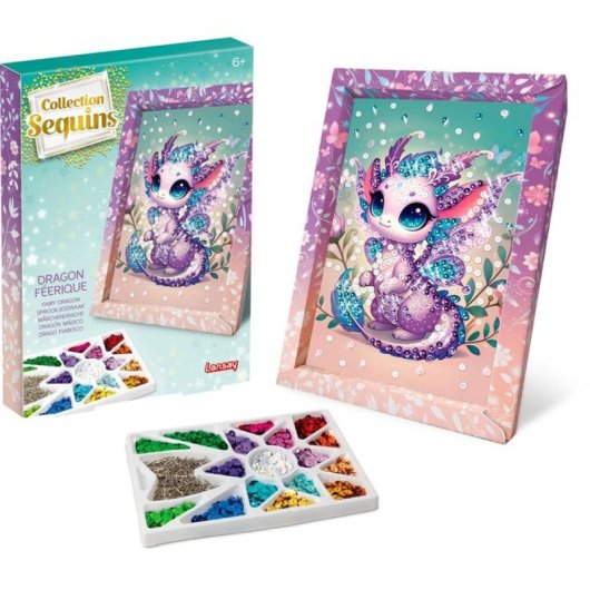 Lansay Collection Sequins Féérique – Dragón Hada, Kit De Manualidades Con Lentejuelas Enmarcadas Y Base De Poliestireno, Para Niños A Partir De 6 Años