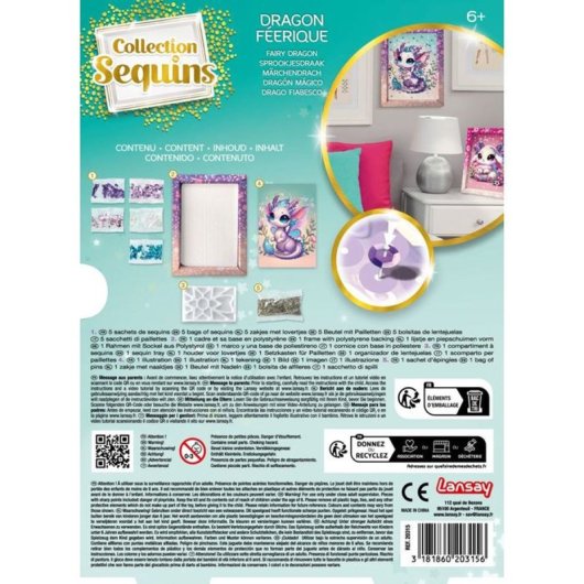 Lansay Collection Sequins Féérique – Dragón Hada, Kit De Manualidades Con Lentejuelas Enmarcadas Y Base De Poliestireno, Para Niños A Partir De 6 Años