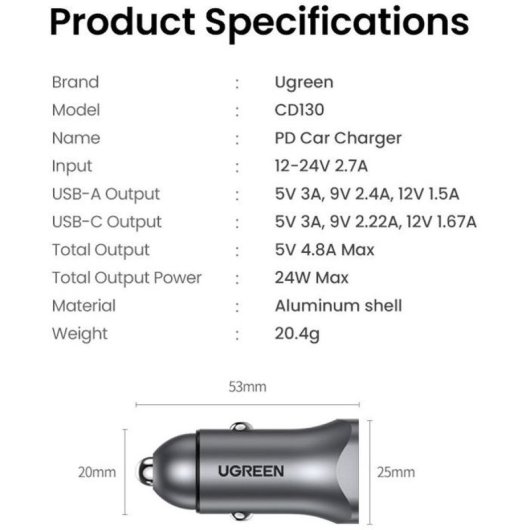 Ugreen Cd130 Cargador Coche 30w Usb-c + Usb-a Con Pps Y Pd 3.0, Qc 3.0, Aluminio, 12-24 V, Carga Doble, Protección Contra Sobrecalentamiento