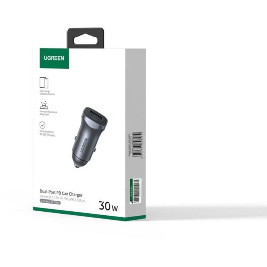 Ugreen Cd130 Cargador Coche 30w Usb-c + Usb-a Con Pps Y Pd 3.0, Qc 3.0, Aluminio, 12-24 V, Carga Doble, Protección Contra Sobrecalentamiento