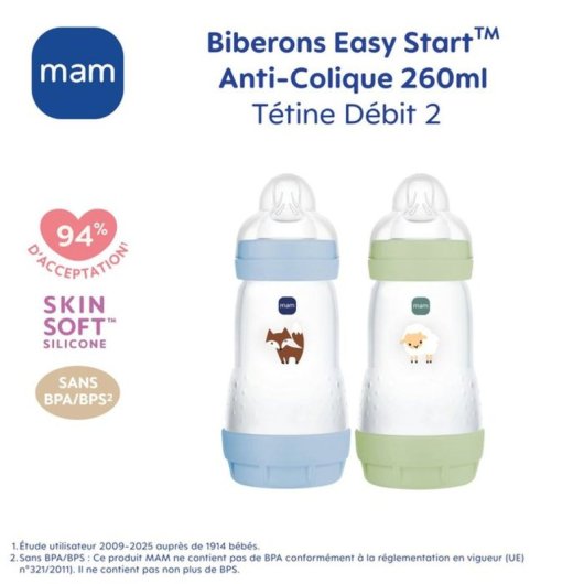 Mam Easy Start Biberón Anticólico 260 Ml Pack 2 Flow 2 Ocean & Sable, Tetina De Silicona Suave, Base Ventilada Anti-colic, Auto-esterilizable Microondas, Sin Bpa