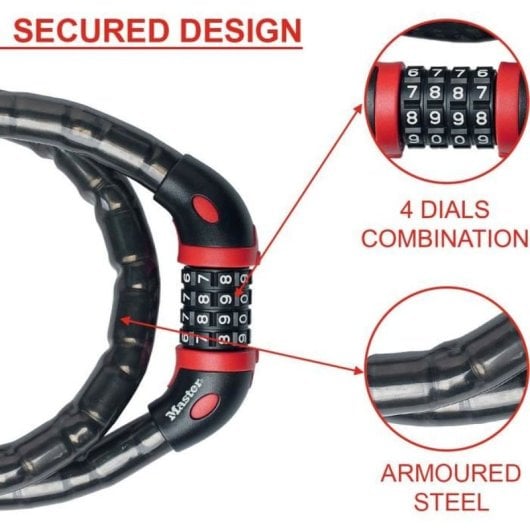 Master Lock Antivol De Cable Con Combinación 4 Dígitos 8226eurdpro, 1 M X 18 Mm, Núcleo De Acero Articulado Y Funda Vinilo, Negro, Seguridad Nivel 7