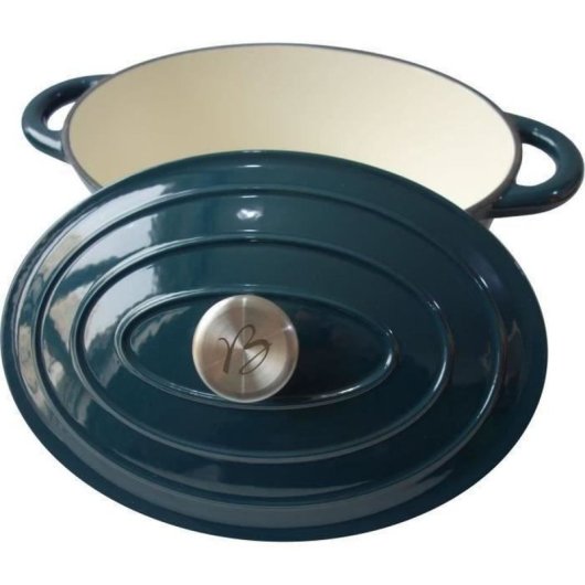 Baumalu Cocotte De Hierro Fundido Esmaltado Ovalada 30 Cm Azul Verdoso, Interior Liso Color Crema, Asas Integradas Y Tapa Esmaltada Incluida, Apta Para Inducción Y Horno Tradicional