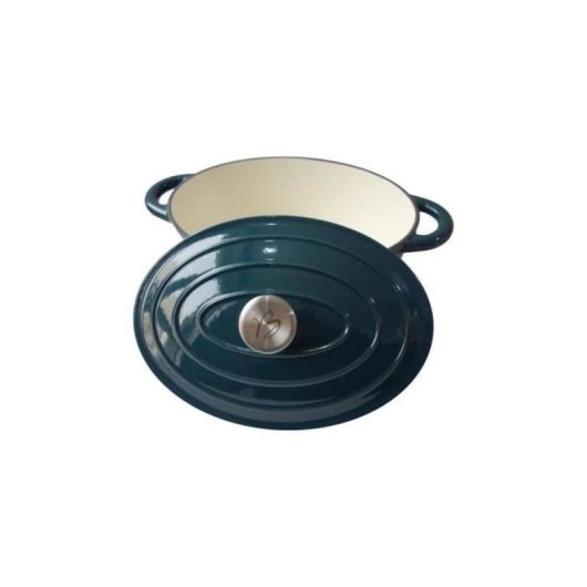 Baumalu Cocotte De Hierro Fundido Esmaltado Ovalada 30 Cm Azul Verdoso, Interior Liso Color Crema, Asas Integradas Y Tapa Esmaltada Incluida, Apta Para Inducción Y Horno Tradicional