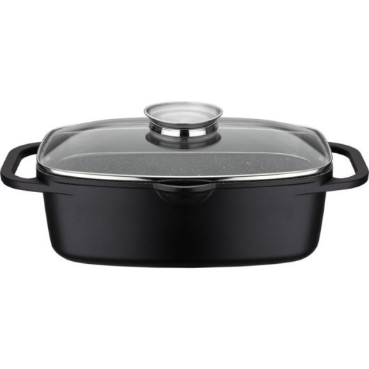 Gsw Gourmet Granit Cocotte Inducción 6 L Negro, Aluminio Fundido Con Antiadherente Multicapa Vitaflon Quarzit Sin Pfas Y Tapa Aroma Con Rejilla, Apta Para Horno Hasta 240 °c