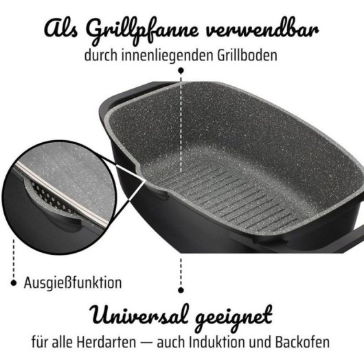 Gsw Gourmet Granit Cocotte Inducción 6 L Negro, Aluminio Fundido Con Antiadherente Multicapa Vitaflon Quarzit Sin Pfas Y Tapa Aroma Con Rejilla, Apta Para Horno Hasta 240 °c
