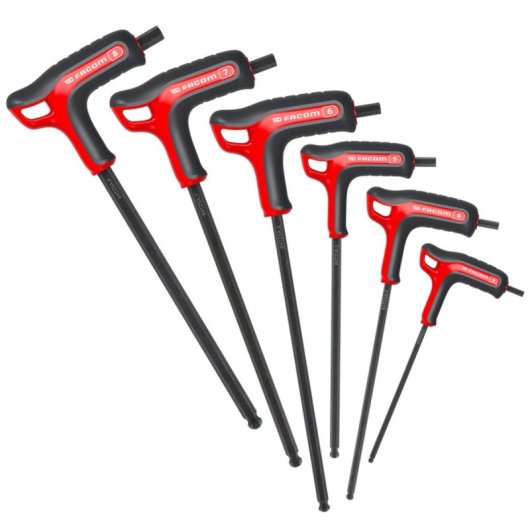 Juego De 6 Llaves Allen Macho Facom Con Mango En T Y Punta Esférica 3-8 Mm, Acero Carbono-silicio, Acceso Angular Hasta 30°, Extremo Corto Para Alto Par