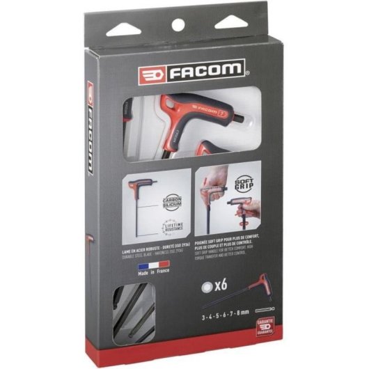 Juego De 6 Llaves Allen Macho Facom Con Mango En T Y Punta Esférica 3-8 Mm, Acero Carbono-silicio, Acceso Angular Hasta 30°, Extremo Corto Para Alto Par