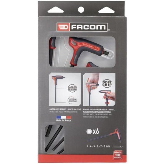 Juego De 6 Llaves Allen Macho Facom Con Mango En T Y Punta Esférica 3-8 Mm, Acero Carbono-silicio, Acceso Angular Hasta 30°, Extremo Corto Para Alto Par