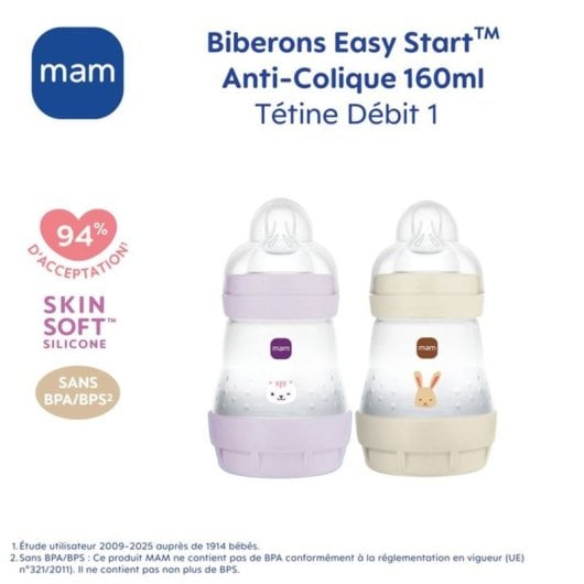 Mam Easy Start Pack 2 Biberones 160 Ml Con Tetina Skinsoft Caudal Lento 1 Anticolico, Base Ventilada, Sin Bpa, Microesterilizable, De 0 A 6 Meses