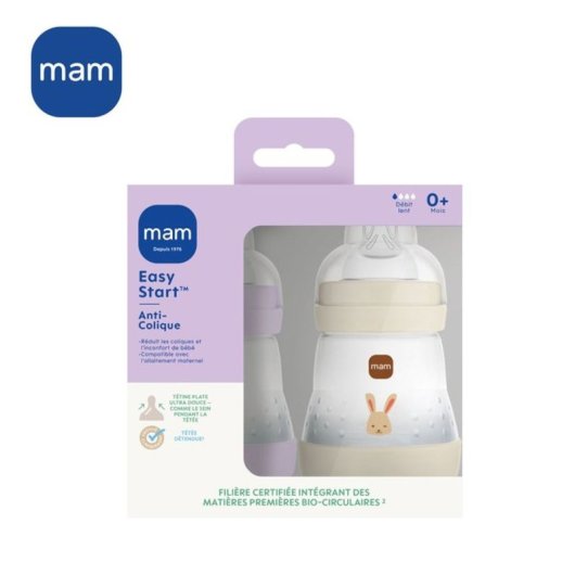 Mam Easy Start Pack 2 Biberones 160 Ml Con Tetina Skinsoft Caudal Lento 1 Anticolico, Base Ventilada, Sin Bpa, Microesterilizable, De 0 A 6 Meses