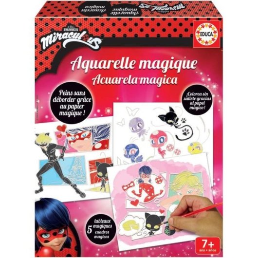 Educa Magic Watercolour Kit Miraculous Ladybug - 5 Tableros De Aquarela Mágica, Paleta De 12 Colores Y 2 Pinceles, Desde 7 Años