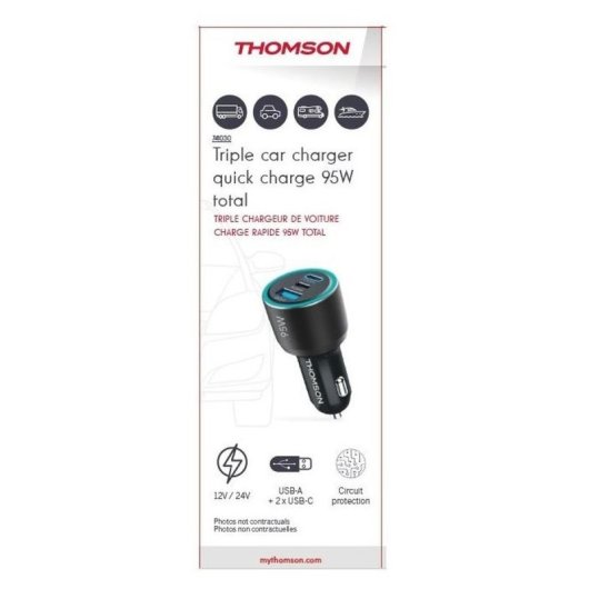 Thomson Cargador De Coche Gan 95w: 2x Usb-c Pd 65w Y 30w + Usb-a Qc 3.0
