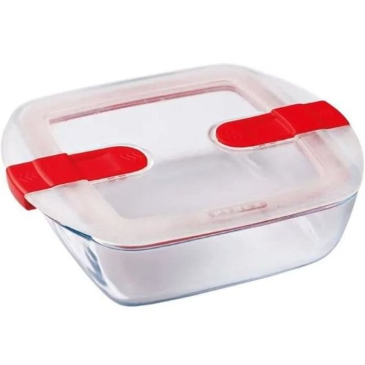 Pyrex Cook & Heat Fuente Cuadrada De Vidrio Borosilicato 20x17x6 Cm 1 L Con Tapa Hermética, 2 Válvulas De Vapor, Apta Microondas, Congelador Y Lavavajillas