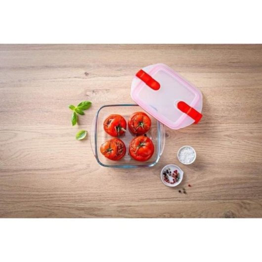 Pyrex Cook & Heat Fuente Cuadrada De Vidrio Borosilicato 20x17x6 Cm 1 L Con Tapa Hermética, 2 Válvulas De Vapor, Apta Microondas, Congelador Y Lavavajillas
