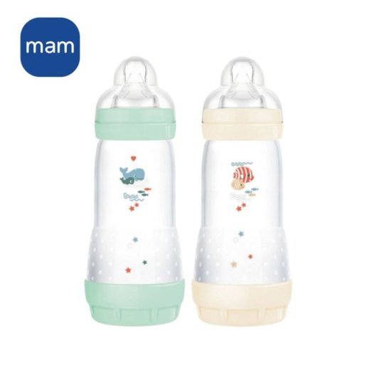 Mam Easy Start Pack 2 Biberones Anticólicos 320 Ml Con Tetina Silicona Flujo 3, Forma Ergonómica, Válvula Anti-aire Y Esterilización En Microondas (menta Y Algodón)