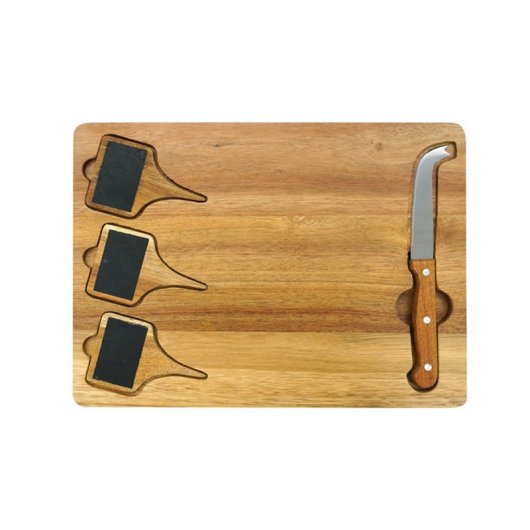 Fackelmann Tabla De Madera Para Quesos Y Charcutería Con 3 Pizarra Y Cuchillo De 20 Cm, 32,5 X 23,5 X 1,8 Cm