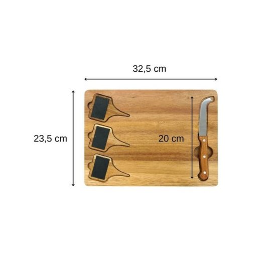 Fackelmann Tabla De Madera Para Quesos Y Charcutería Con 3 Pizarra Y Cuchillo De 20 Cm, 32,5 X 23,5 X 1,8 Cm