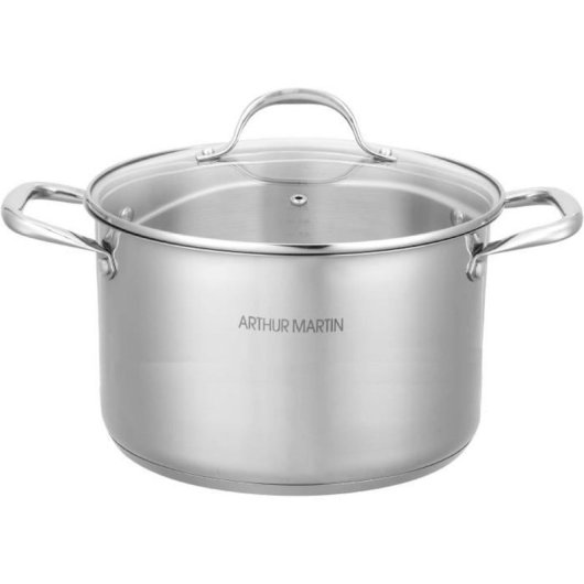 Arthur Martin Cazoleta/marmita De Acero Inoxidable 32 Cm Con Tapa De Vidrio, 12,5 L, Base Inducción, Asas Remachadas Y Graduaciones