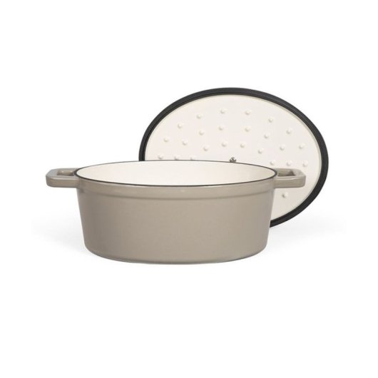 Livoo Mep129g Cacerola Ovalada De Hierro Fundido Esmaltado Beige 4,5 L, 29 X 22 Cm (interior), Apta Para Inducción Y Horno, Tapa Con Picots Autocalientes