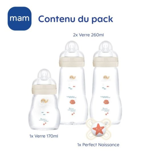 Set De Biberones De Vidrio Para Recién Nacido Mam: 1x170 Ml + 2x260 Ml Con Tetina Skinsoft™ Y Chupete 0+ Meses, Aptos Para Calentar, Esterilizar Y Lavavajillas
