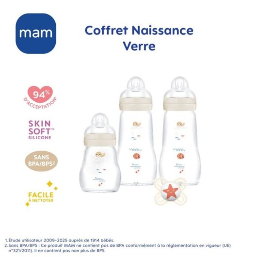Set De Biberones De Vidrio Para Recién Nacido Mam: 1x170 Ml + 2x260 Ml Con Tetina Skinsoft™ Y Chupete 0+ Meses, Aptos Para Calentar, Esterilizar Y Lavavajillas