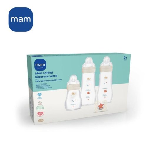 Set De Biberones De Vidrio Para Recién Nacido Mam: 1x170 Ml + 2x260 Ml Con Tetina Skinsoft™ Y Chupete 0+ Meses, Aptos Para Calentar, Esterilizar Y Lavavajillas