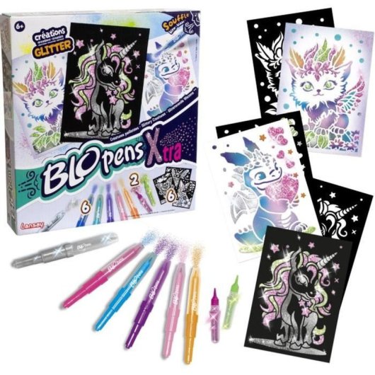 Lansay Blopens X-tra Glitter Creatures Set De Arte Con 6 Blopens Y Pochores Reutilizables (unicornio, Dragón Y Más)