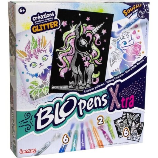 Lansay Blopens X-tra Glitter Creatures Set De Arte Con 6 Blopens Y Pochores Reutilizables (unicornio, Dragón Y Más)