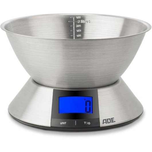 Báscula De Cocina Digital Ade Hanna Con Cuenco De Acero Inoxidable 2,25 L Extraíble, Capacidad 5 Kg Y Precisión 1 G, Pantalla Lcd Retroiluminada Azul, Función Tara Y Unidades