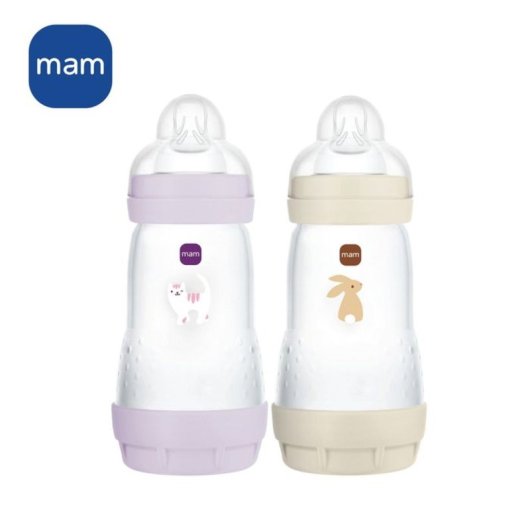 Mam Easy Start Anticólico Biberón Cuello Ancho 260 Ml Pack 2 Lilac Y Sand, Tetina Silicona Flow 2, Base Aireada, Sin Bpa, Apto Microvapor Esterilizable