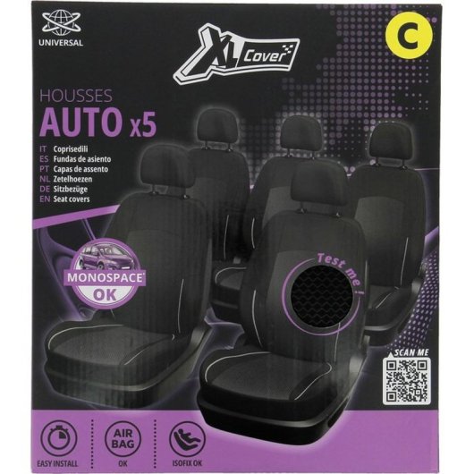 Kit Fundas Asiento Xlc/xl Cover Universal 5 Piezas Negro Con Acolchado Gris, Airbag E Isofix Compatible Para Monovolúmenes