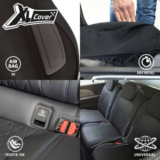 Kit Fundas Asiento Xlc/xl Cover Universal 5 Piezas Negro Con Acolchado Gris, Airbag E Isofix Compatible Para Monovolúmenes